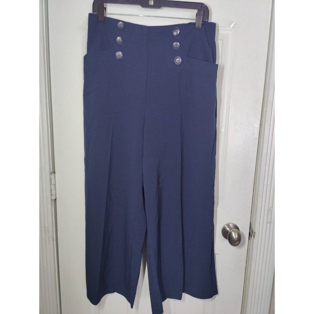 Genius Garb Navy Blue Wide Leg Cropped Pull On Sailor Pants Buttons 12 NWT